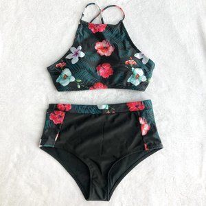 Two Piece Floral High Waisted Halter Bikini Set